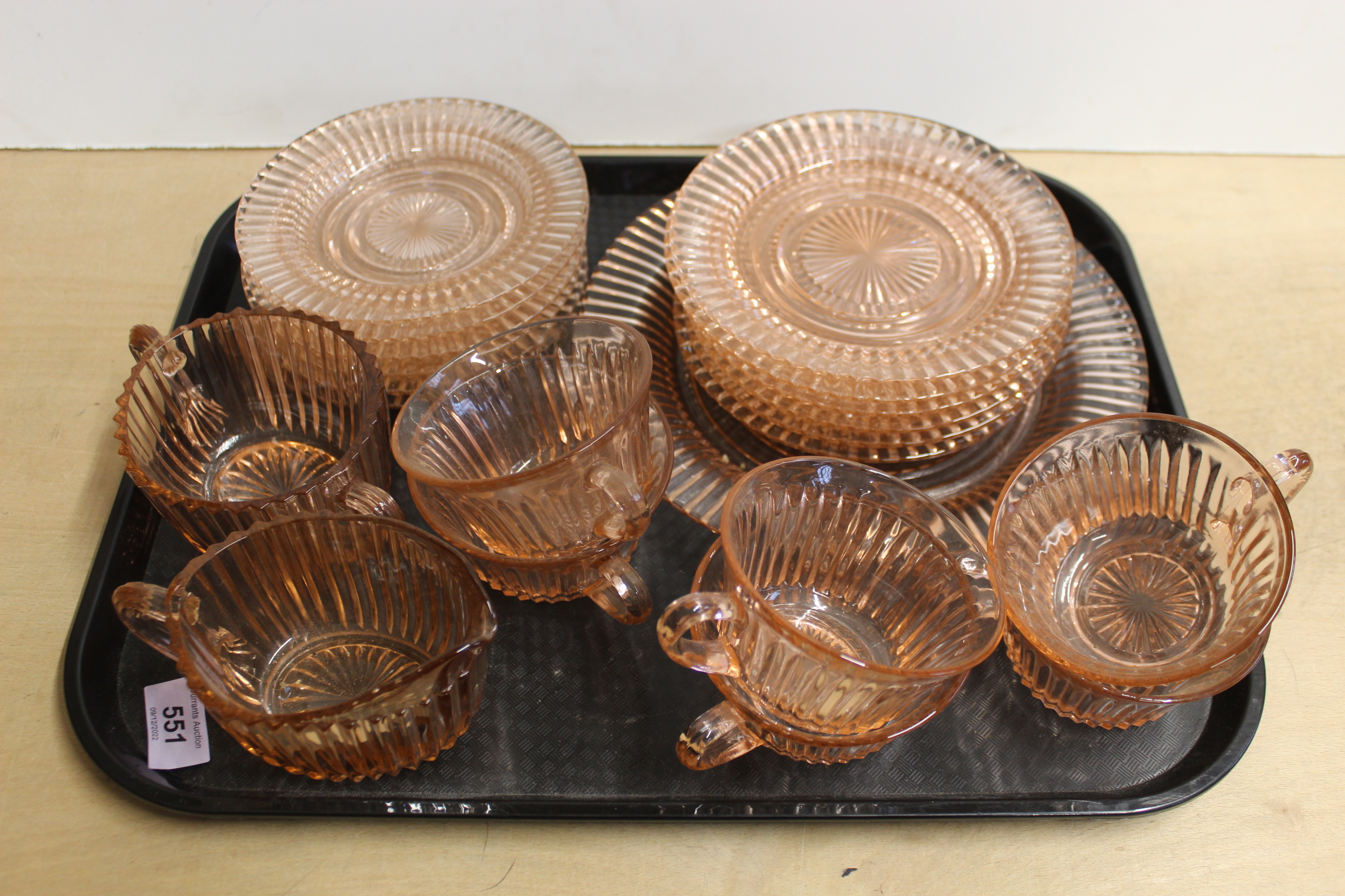 A vintage moulded pink glass six setting dessert set including a cream jug and sucrier