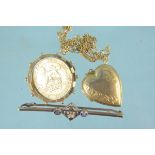Mixed jewellery to include a 9ct gold bar brooch, a 9ct gold back and front locket,