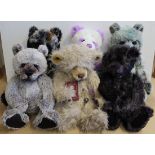 Six Charlie bears including Alicia, Violet, Charlie, Victoria, Griffin and Basil,