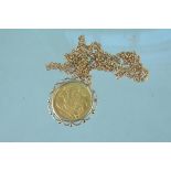 An 1899 half sovereign in 9ct gold pendant mount hung on 9ct gold chain, weight approx 9.