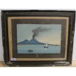 A gouache painting of Vesuvius and the bay of Naples (frame as found)