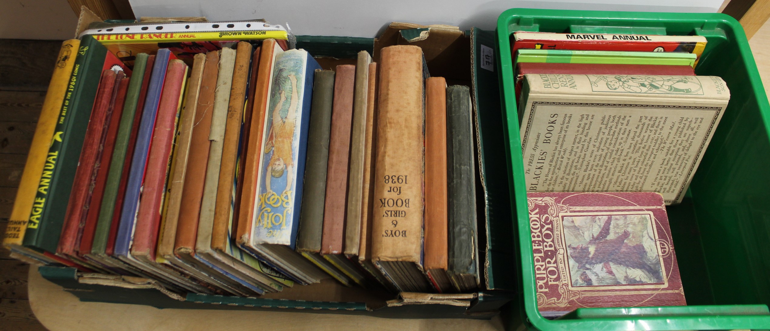 A box and a bit of vintage childrens annuals, the earliest from 1924 through the 30's,