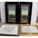 Two framed maps of Suffolk plus a pair of late 19th Century oil highland scenes