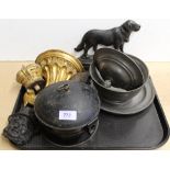 Mixed items including a gilt wall bracket and crown finial, jappaned tin spice box,