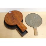 An antique Japanese bronze hand mirror in wooden box, 33.