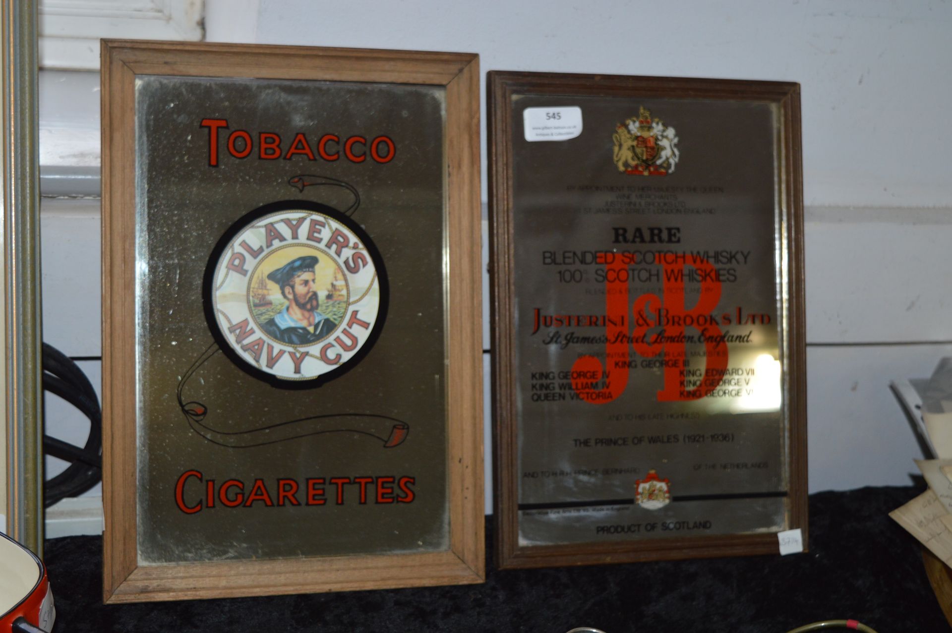 Two Small Framed Pub Advertising Mirrors - Players Navy Cut Cigarettes, and JB Whisky