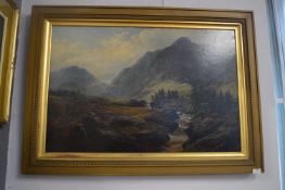 Victorian Gilt Framed Oil on Canvas Mountainscape by G.B. Sticks
