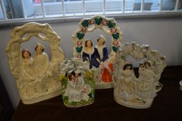 Four Victorian Staffordshire Flatbacks of Seated Figures in Bowers, Fortune Teller, etc.