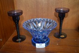 Blue Cut Glass Dish and Two Wedgwood Glass Candle Holders