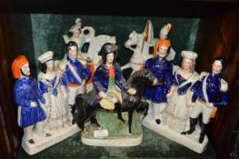 Five Victorian Staffordshire Flatback Figures; War & Peace, Turkey, England, France, and Dick Turpin