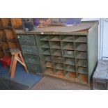 Green Painted Metal Workbench with Pigeon Holes and Drawers