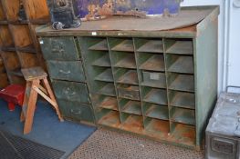 Green Painted Metal Workbench with Pigeon Holes and Drawers