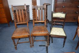Two Oak Barley Twist Dinning Chairs and One Victorian Mahogany Chair