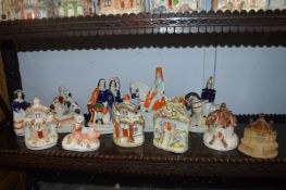 Eleven Victorian Staffordshire Flatback; Mounted Figures, Cottages, etc.