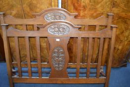 Edwardian Oak Double Bed Frame with Carved Floral Detail to Head & Foot Boards