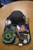 Tray Lot of Collectibles; Bowler Hat, Old Tin, Enamel Candlesticks, Penknives, etc.