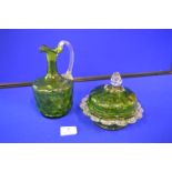 Green Glass Covered Dish and Jug