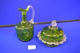 Green Glass Covered Dish and Jug