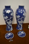 Two Oriental Blue & White Lidded Pots with Cherry Blossom Design