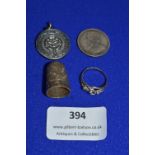 Hallmarked Sterling Silver Thimble, Ring, Medallion, and a 1895 South African 1 Shilling Coin