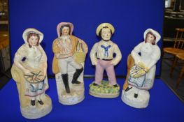 Large Staffordshire Flatbacks; Fisherman, and a Sailor Plus Two Fish Wives