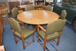 Large Circular Oak Dining Table on Pedestal Base with Four Side Chairs and Two Carvers Upholstered