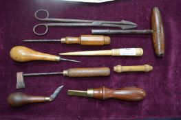 Assorted Vintage Tools, Piano Key, Wrought Iron Tongs, etc.