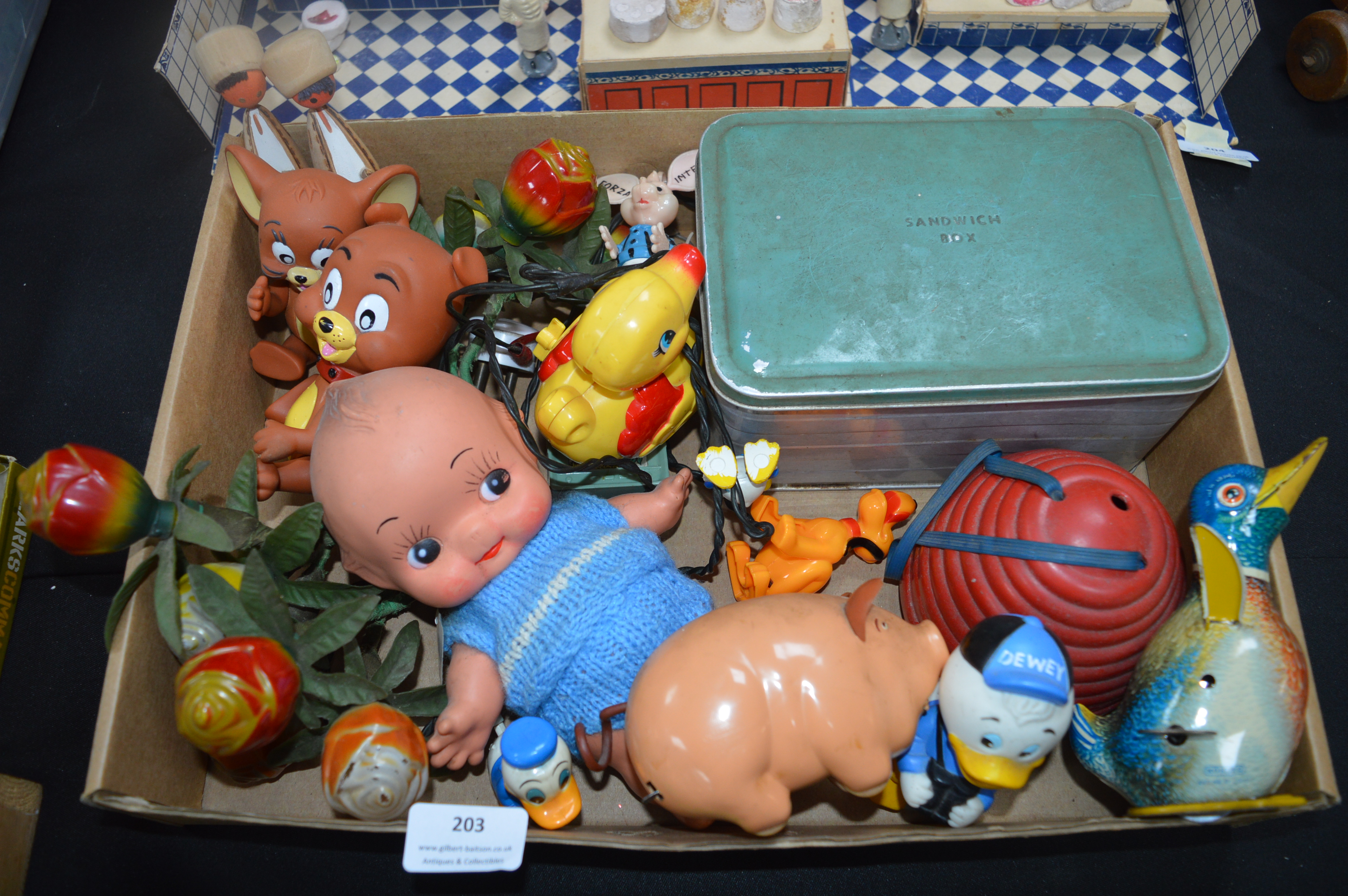 Vintage Clockwork Pig, Tinplate Duck, Kewpie Doll, Marbles, etc.