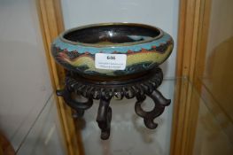 Chinese Cloisonne Dragon Dish on Hardwood Stand