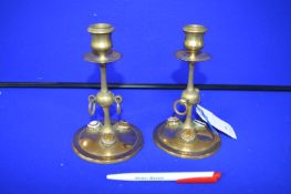 Pair of Brass Arts & Craft Candlesticks with Cabochon Gemstones