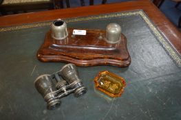 Oak Ink Stand, Opera Glasses, and Glass Ashtray with Polo Players Design