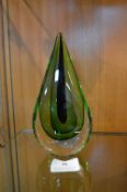 Studio Art Glass Sculptural Piece in Green Teardrop Design