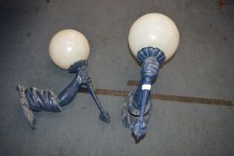 Pair of Aluminium Reproduction Wall Mounted Light Fittings in the Form of an Arm Holding a Torch