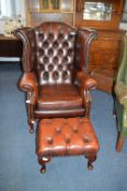 Red Leather Chesterfield Wingback Armchair plus Matching Footstool
