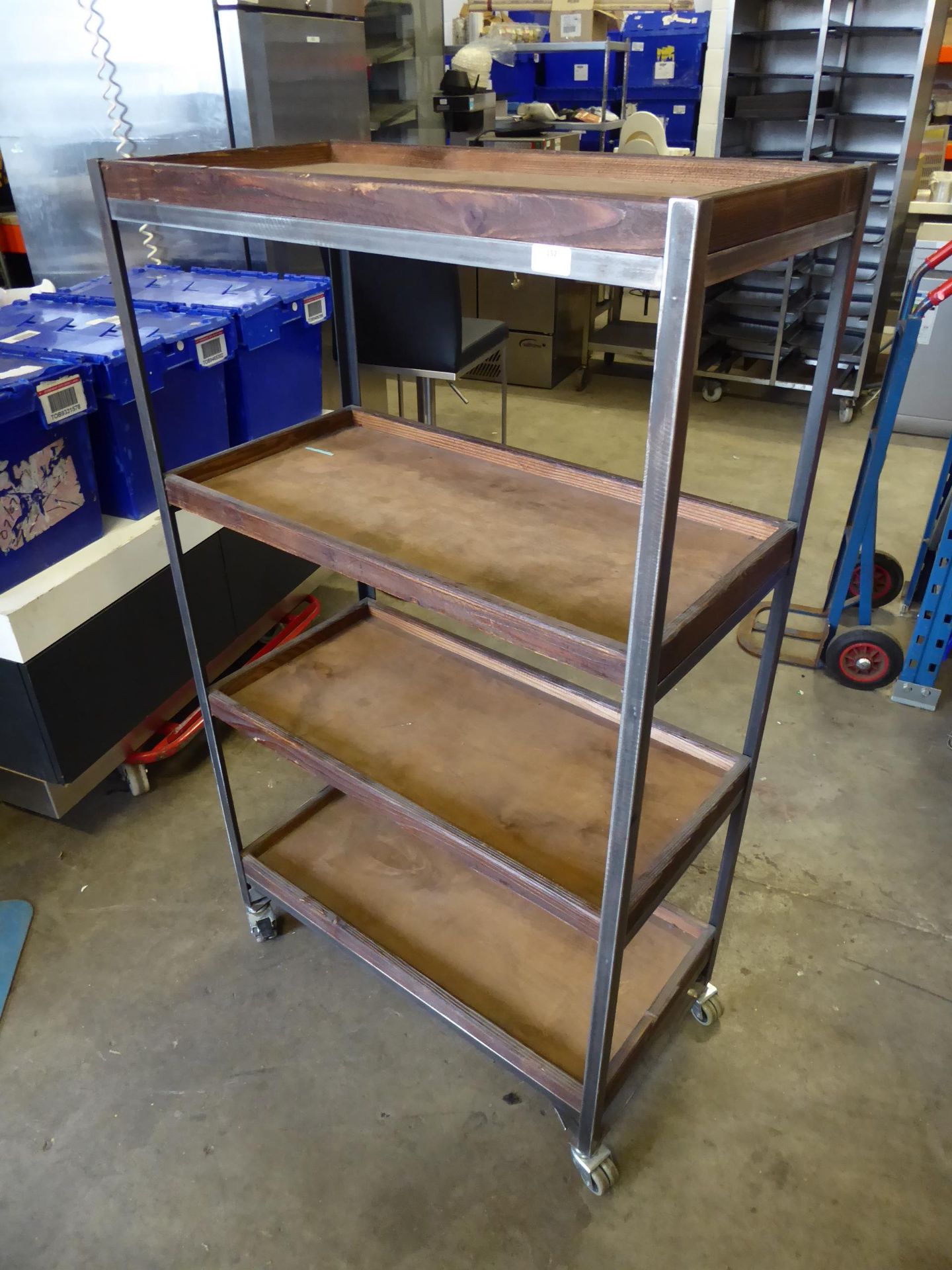 * industrial style shelf unit - metal framed with wooden shelves on castors 800w x 400d x 1400h