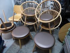 * unusual 'spoked' style beach furniture. 4 x chairs with brown upholstered seat and 4 x stools