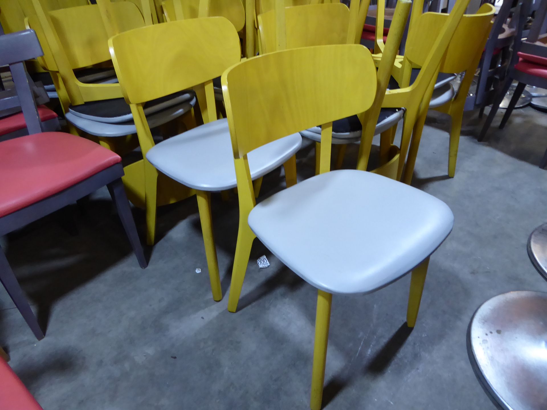 * 4 x yellow frame wooden chairs with grey upholstered seat