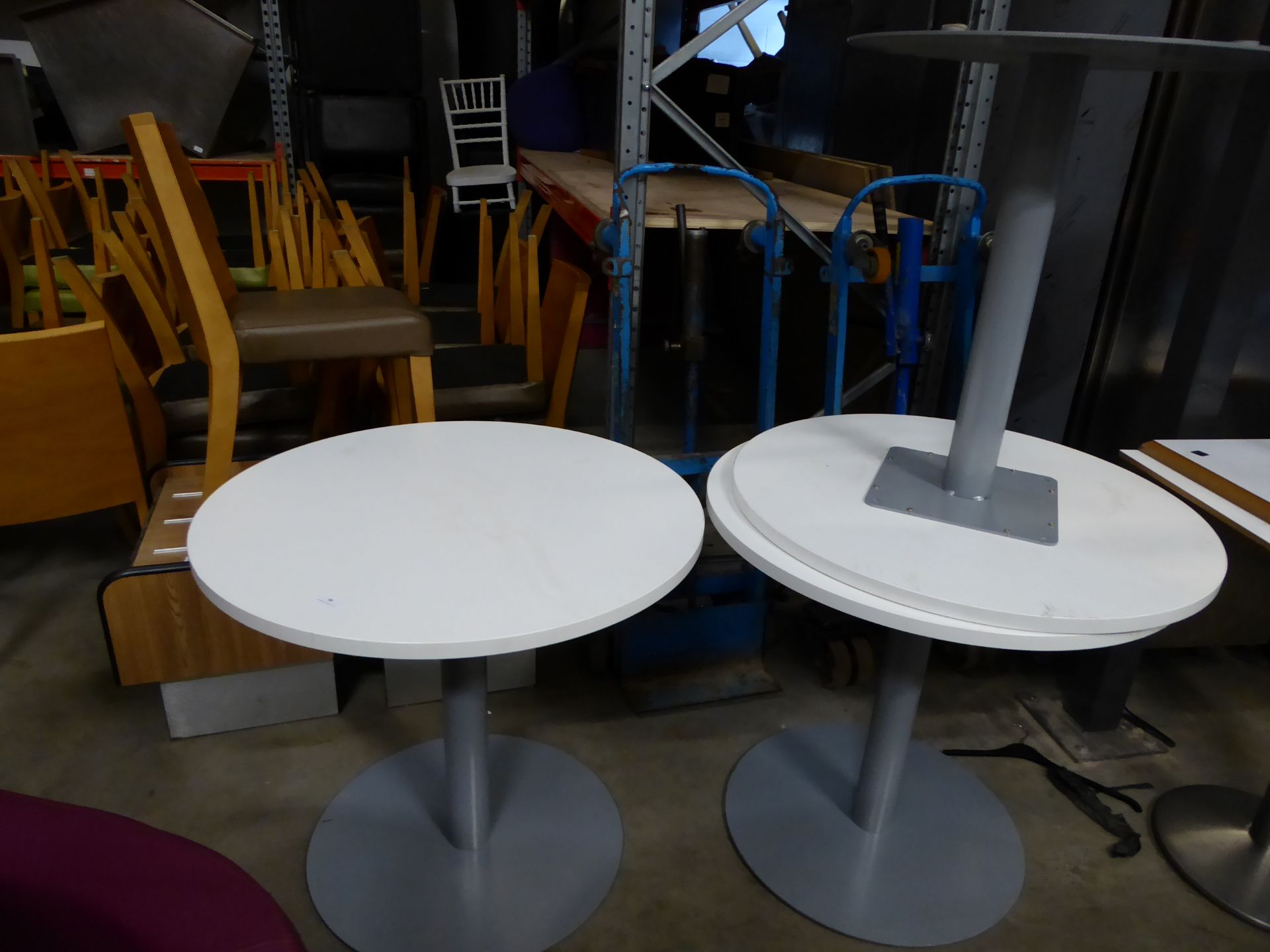 * 3 x good quality round tables with grey pedestal base and white 800 diameter tops