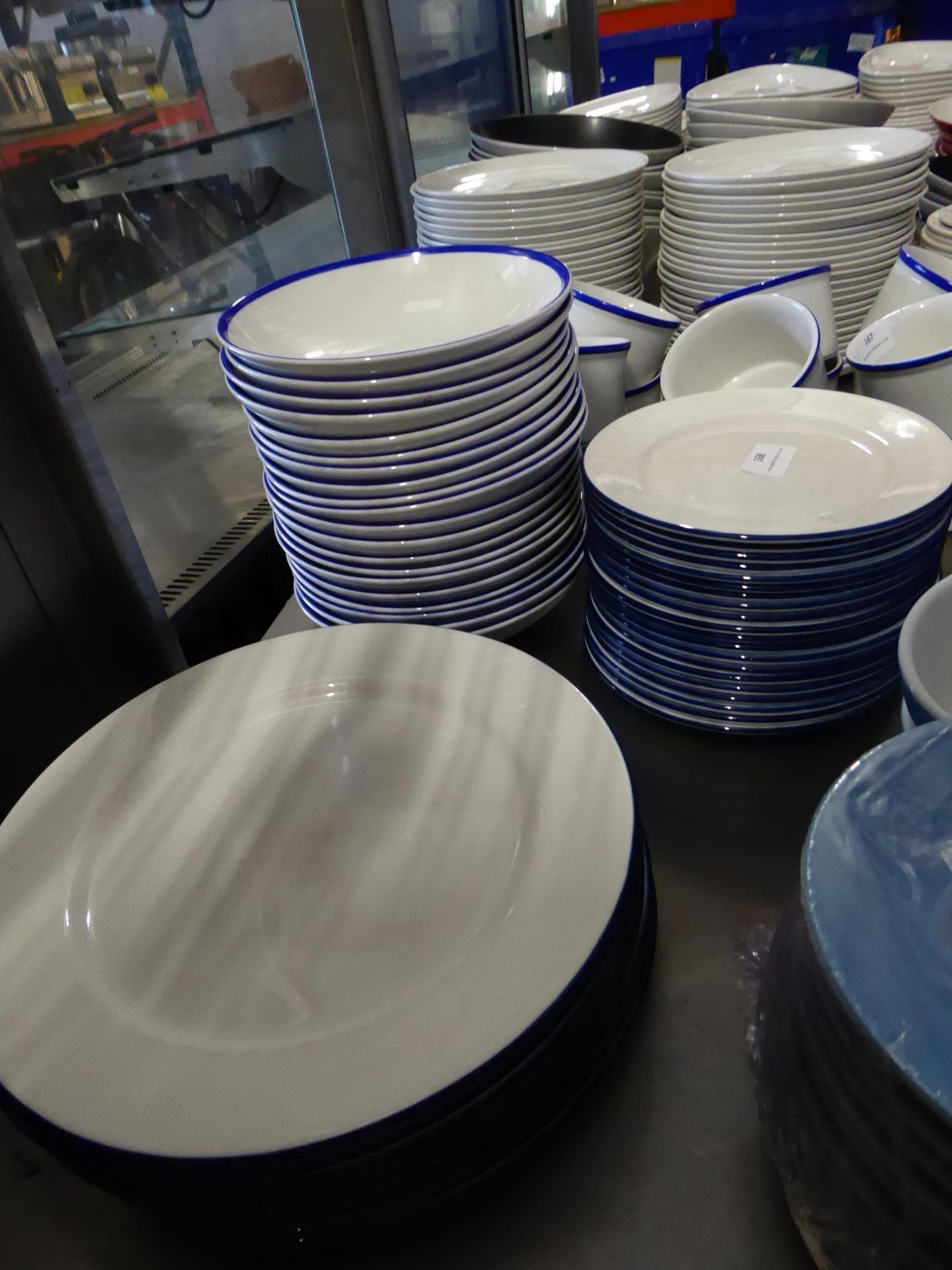 * bowls, main and side plates approx 65 items. white with blue rim - Image 2 of 2