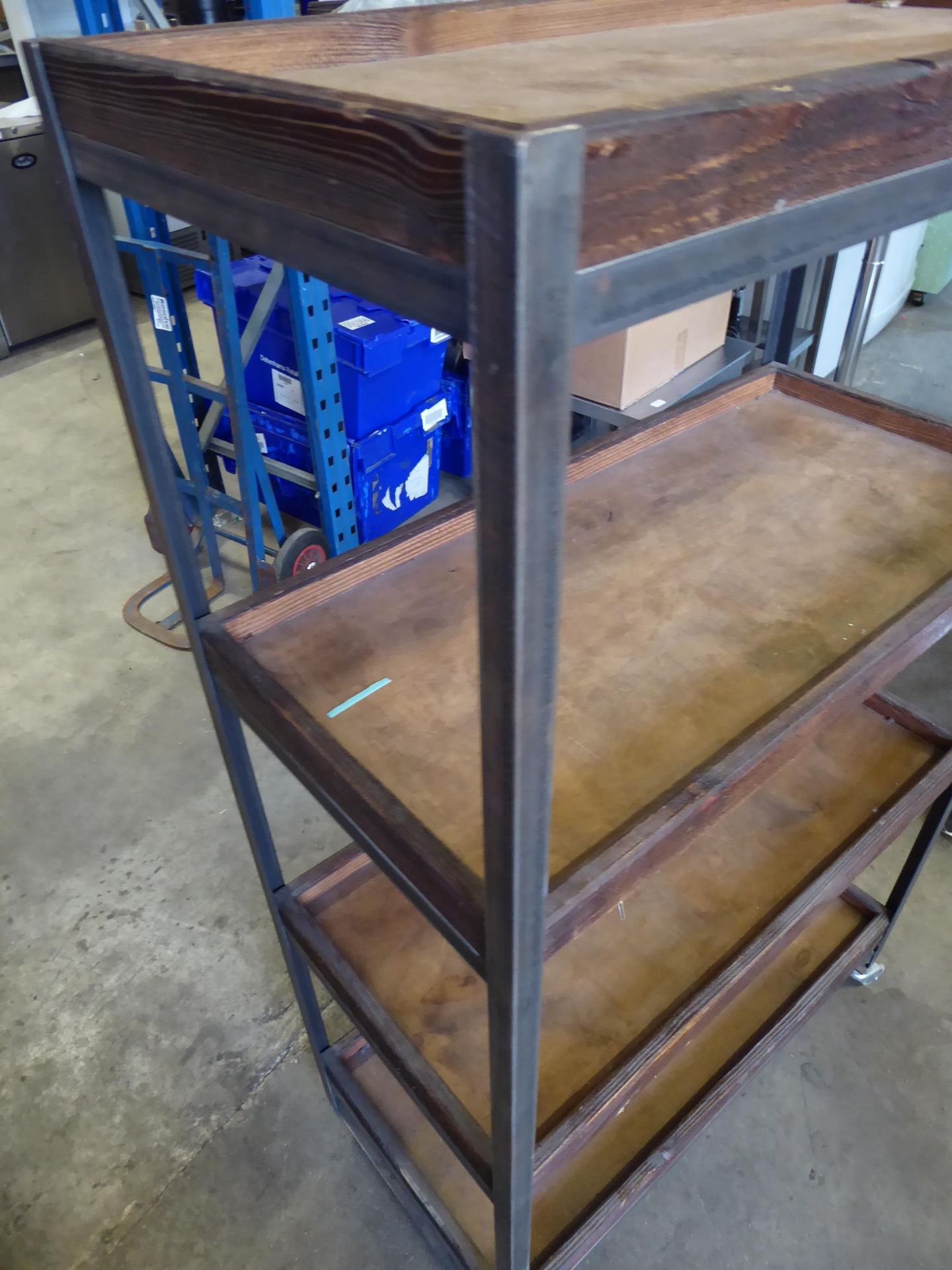 * industrial style shelf unit - metal framed with wooden shelves on castors 800w x 400d x 1400h - Image 2 of 3