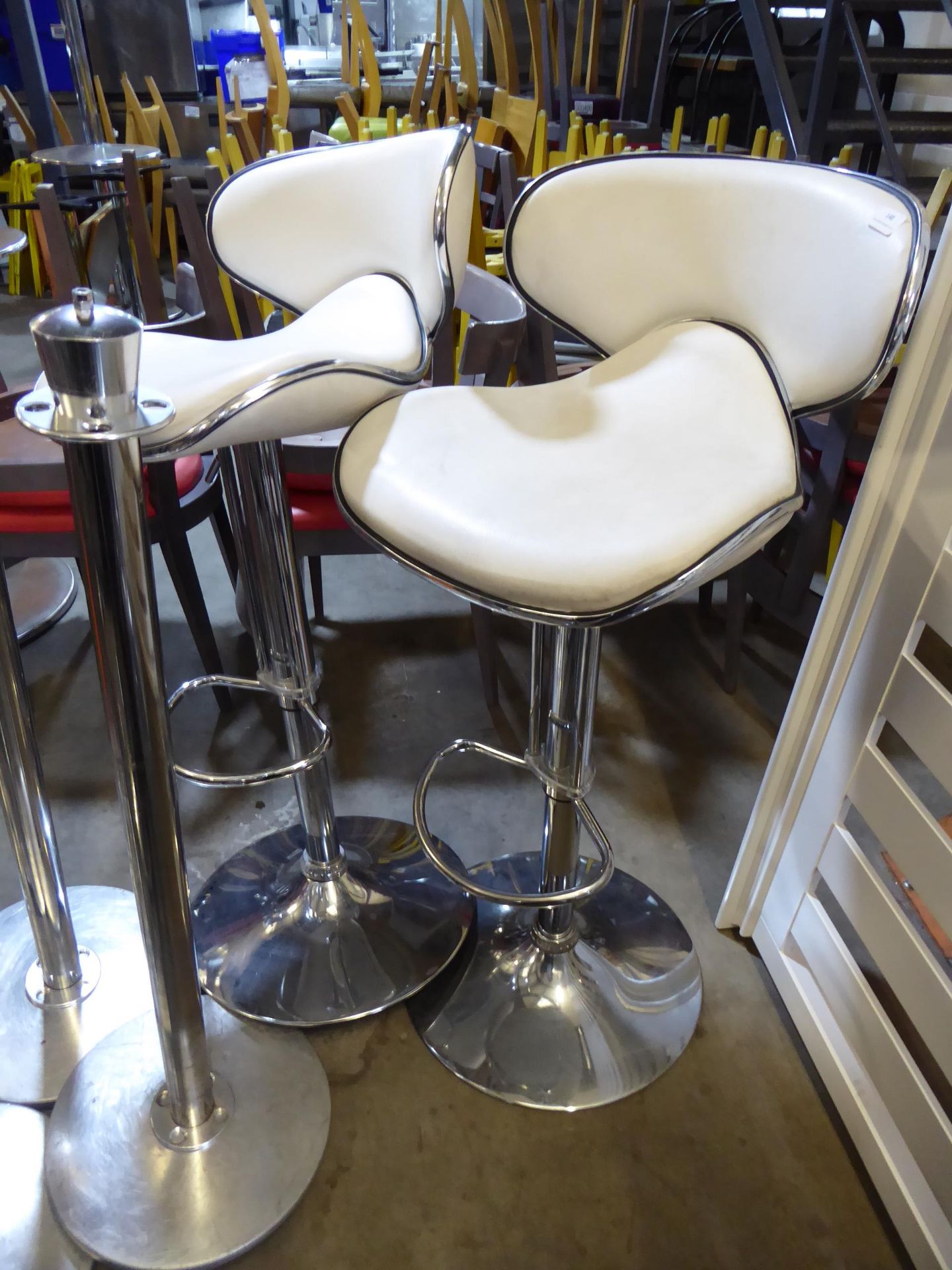 * 2 x white with black trim gas lift beauticians chair/poser stools