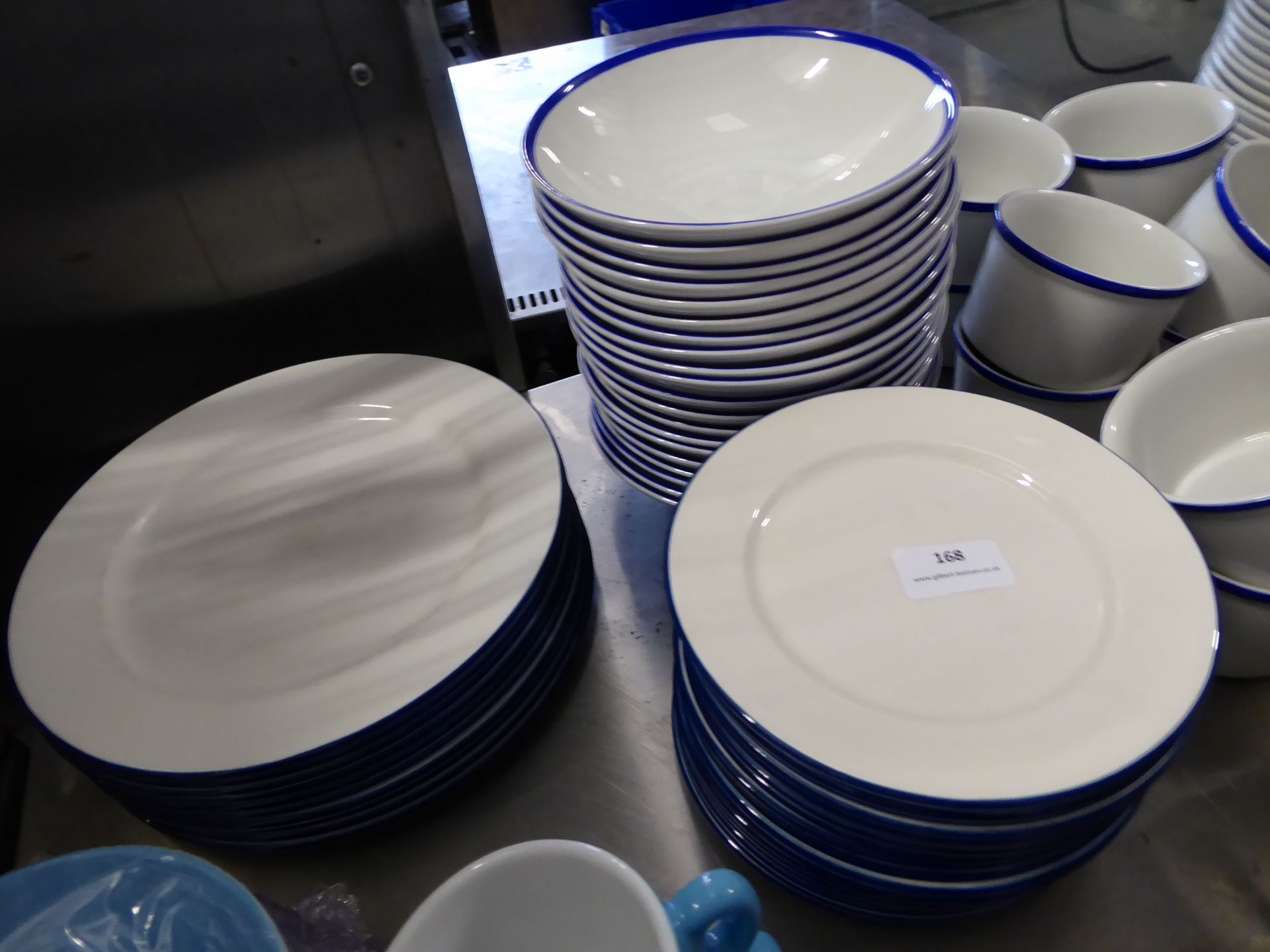 * bowls, main and side plates approx 65 items. white with blue rim