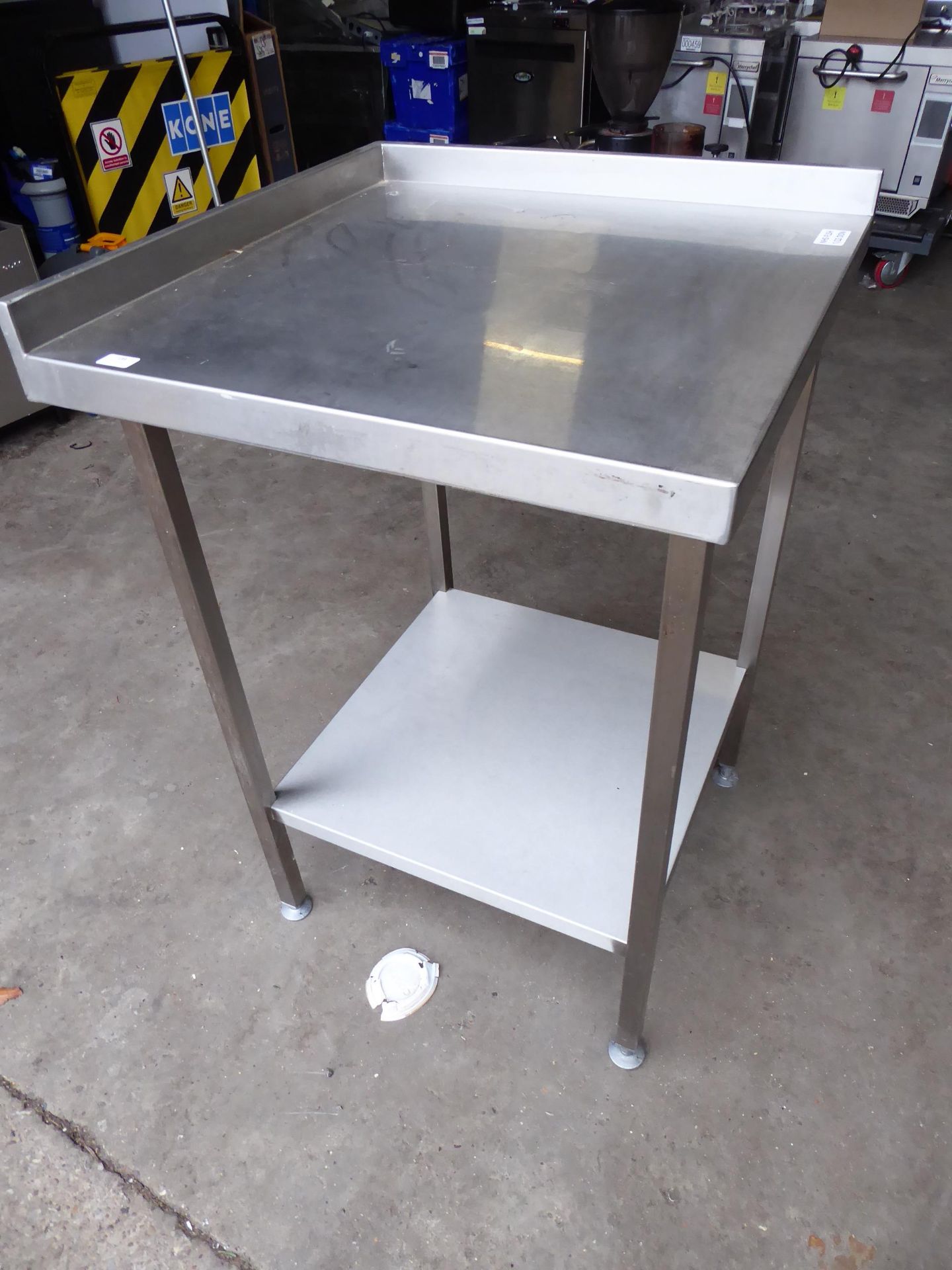 * S/S corner prep bench with shelf and upstand to 2 sides 700w x 700d x 920h