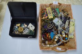 Basket and a Box of Costume Jewellery