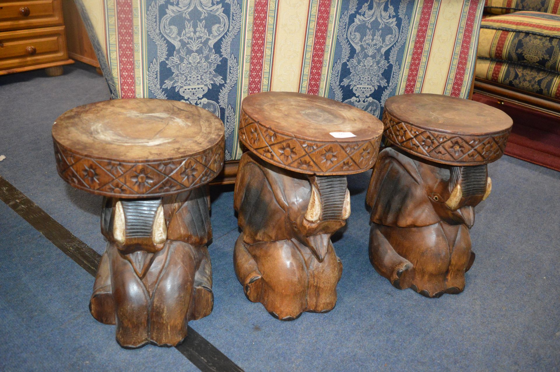 Three Carved Wooden Elephant Stool