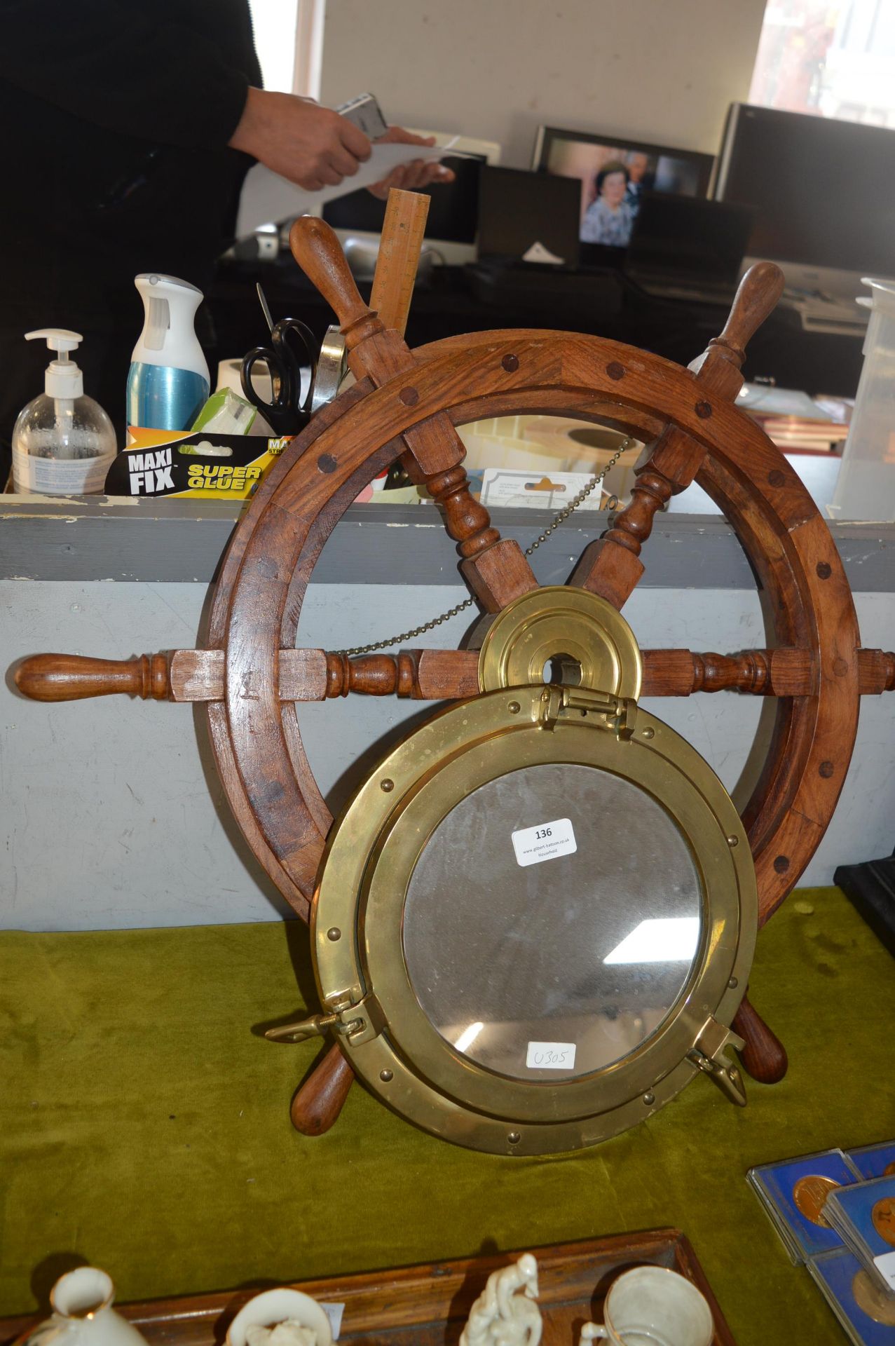 Decorative Ships Wheel and Porthole Mirror