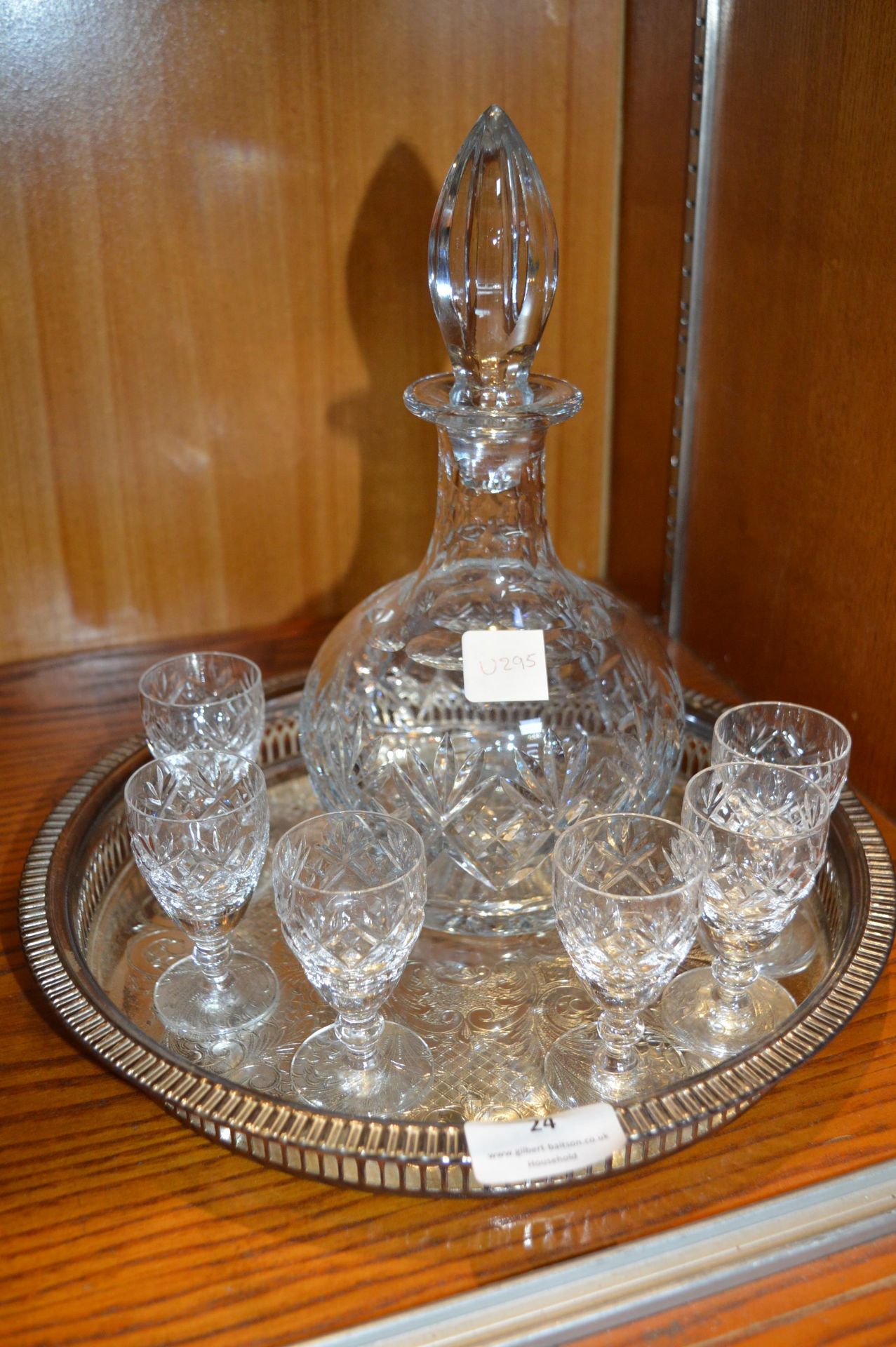 Cut Crystal Decanter, Six Sherry Glasses, and an E