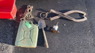 Box Containing Jerrycan, Lifting Chain, Trowel, 3.5 T Bottle Jack, and a Log Grab