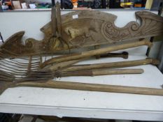 Vintage Garden and Agricultural Tools and a Carved