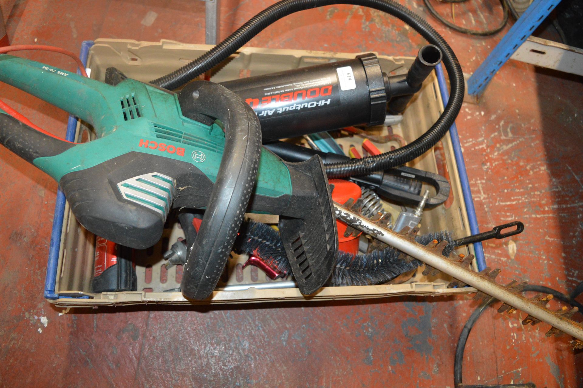 *Bosch Hedge Trimmer, Double Quick Air Pump, Spray Gun, and Assorted Tools